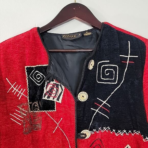 Alex Kim Women’s Medium Cardigan Jacket Red Black Velour Look Patchwork - Picture 3 of 9